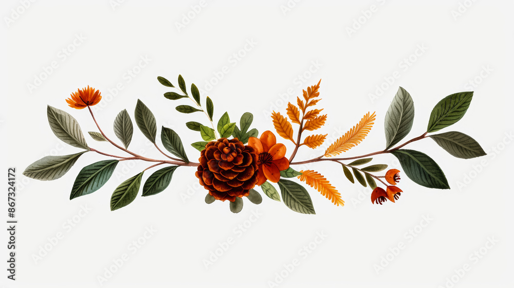 Canvas Prints Autumn wreath with orange leaves and pinecone delicate warm color palette watercolour illustration 