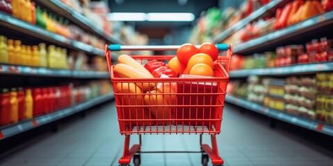 Red Shopping Cart Filled With Groceries In A Supermarket