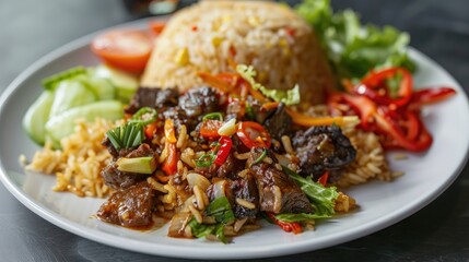 A white plate containing Nasi Kebuli a fried rice dish with lamb salad and emping