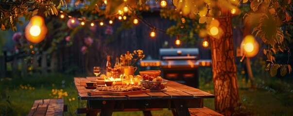 Obraz premium Outdoor evening barbecue with delicious grilled food on a wooden table and festive string lights 