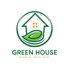 Green House logo design. Abstract minimalist house shape combination with green leaf. Environment nature sign symbol design illustration.