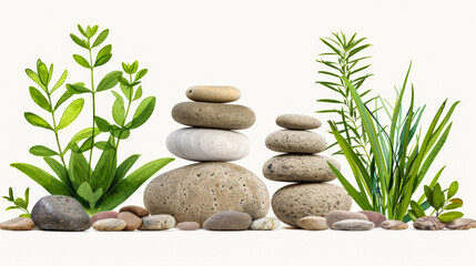 Tranquil Zen rock arrangement in pastel greens and earthy browns with peaceful ambiance watercolour illustration 