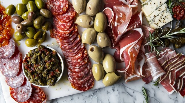 A selection of charerie including cured meats pickles and olives all sourced from local farms.