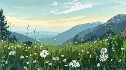 Scenic landscape painting of wildflower meadow in the mountains at sunset. Digital art illustration of peaceful nature scene with mountains, forest, grass, flowers and blue sky.
