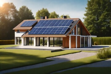 Obraz premium New suburban house with a photovoltaic system on the roof.