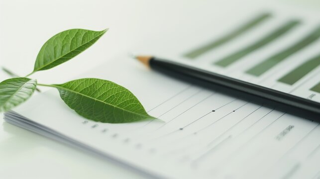 Financial document with green charts and fresh leaves, environmental investment, sustainable growth