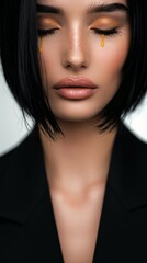 Fototapeta premium Gorgeous woman with black hair, yellow eyes, in a professional suit, head bowed, tears visible, frustrated and sorrowful expression, office interior