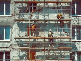 Construction workers on a scaffolding, bricklaying, residential site, sunny weather