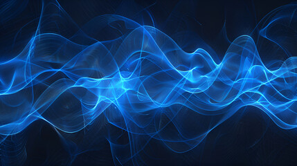 Fototapeta premium Abstract digital artwork featuring dynamic blue and white light waves against a dark background. Translucent waves, Technology backdrop, wallpaper, energy sound waves, sense of movement and fluidity.