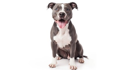 blue and white Pit Bull sitting on a white background