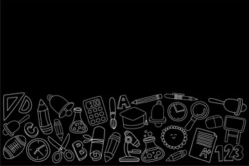 Back to School banner with hand draw doodle on black background. Vector doodle school icons and symbols. Hand drawn studying education objects.