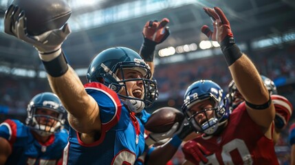 Football player celebrating a touchdown with teammates in the end zone