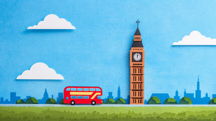 Watercolor illustration of historic London skyline featuring Big Ben and red double decker bus bright simple watercolour 