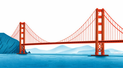 Watercolor illustration of iconic Golden Gate Bridge with vibrant red structure and scenic blue bay bright simple watercolour 