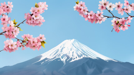 Watercolor illustration of iconic Mount Fuji with snow capped summit and blooming cherry blossoms bright simple watercolour 