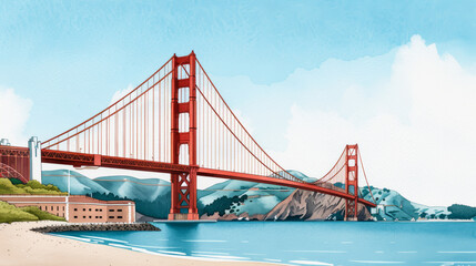 Watercolor illustration of iconic Golden Gate Bridge with vibrant red structure and scenic blue bay bright simple watercolour 