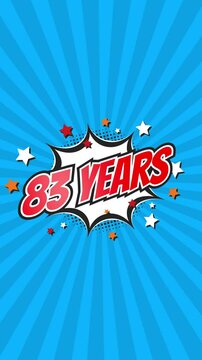 Celebratory animation for 83rd eighty-third anniversary - 83 eighty-three years birthday. Animated text on pop colorful background with rotating rays.