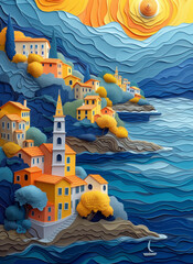 Obraz premium Paper cut out style painting of coastal town in front of mountains.