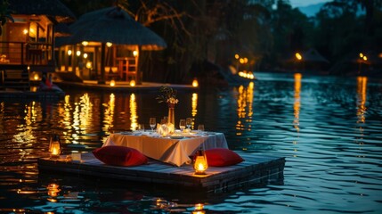 Serene Lakeside Romance: Dinner Setting on Floating Deck in Tranquil Waters