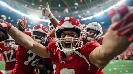 Football player celebrating a touchdown with teammates in the end zone