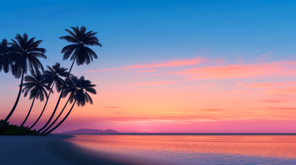 Watercolor illustration of tropical Bali beach with colorful sunset sky and lush palms bright simple watercolour 