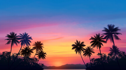 Obraz premium Watercolor illustration of tropical Bali beach with colorful sunset sky and lush palms bright simple watercolour 
