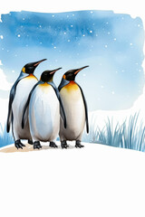 Fototapeta premium Winter watercolor frame with whimsical penguins and shimmering snowflakes icy pastel tones watercolour illustration 