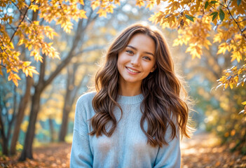 A young woman in a beige sweater and green coat, smiling with an autumn foliage background