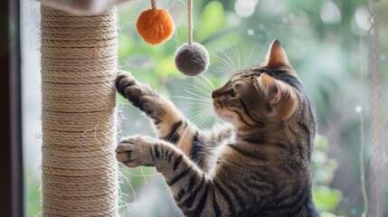A cat playfully swatting at a dangling ball toy attached to a scratching post, enjoying indoor playtime.