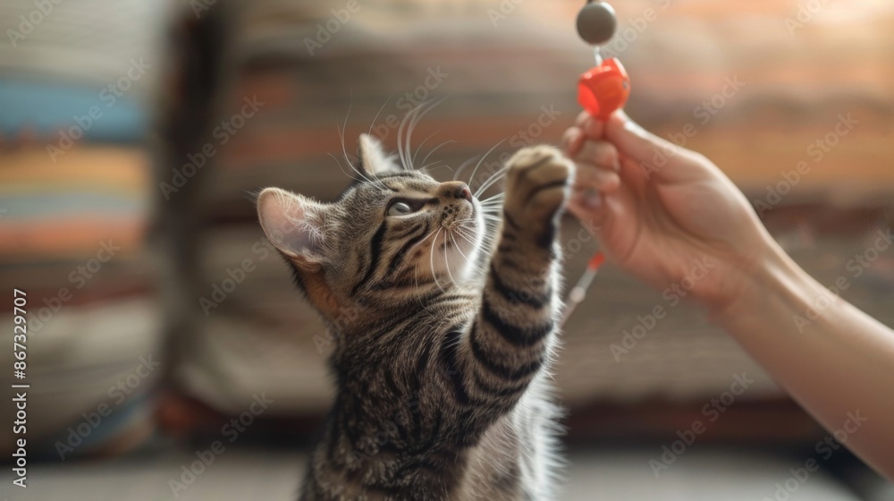 Poster A cat stretching to catch a toy fish attached to a string, engaging in interactive play with its owner.
