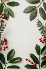 Winter watercolor frame with holly berries and evergreen branches deep green and bright red accents watercolour illustration 