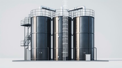 Three large, industrial steel tanks stand side-by-side against a clear, bright sky