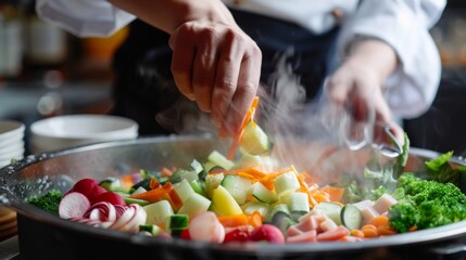 A chef adding fresh vegetables to a boiling shabu-shabu pot, creating a healthy and appetizing meal presentation.
