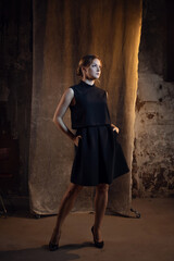 Fototapeta premium Elegant blonde in a medium-length dress. photo in dark colors