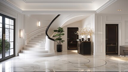 A modern home interior with a curved wooden staircase featuring black iron railings and white marble flooring. A black door is visible to the right - Powered by Adobe