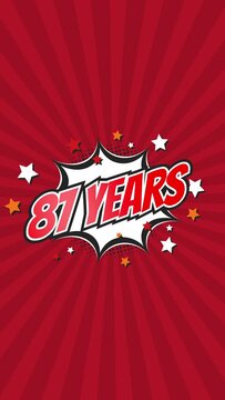 Celebratory animation for 87th eighty-seventh anniversary - 87 eighty-seven years birthday. Animated text on pop colorful background with rotating rays.