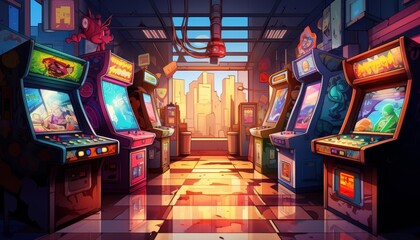 Arcade background with retro video games, flat design, top view, nostalgic theme, cartoon drawing, colored pastel