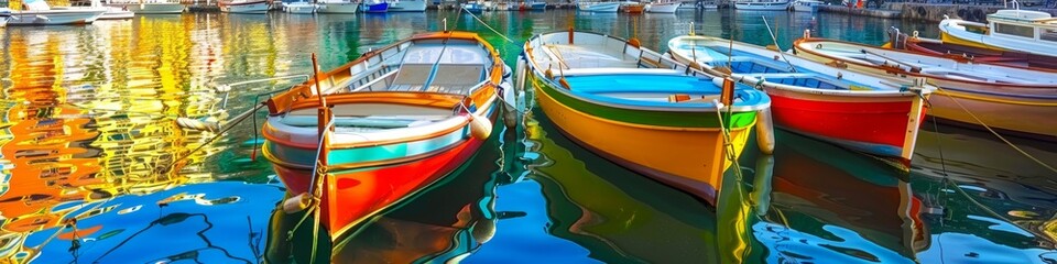 Obraz premium banner with Colorful boats docked in an Amalfi Coast marina, vibrant and scenic