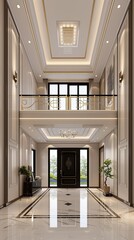 Obraz premium A modern home interior with a curved wooden staircase featuring black iron railings and white marble flooring. A black door is visible to the right.