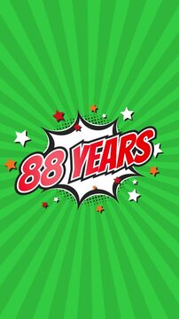 Celebratory animation for 88th eighty-eighth anniversary - 88 eighty-eight years birthday. Animated text on pop colorful background with rotating rays.