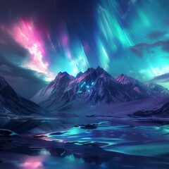 dreamy holographic cold color borealis night time magical landscape