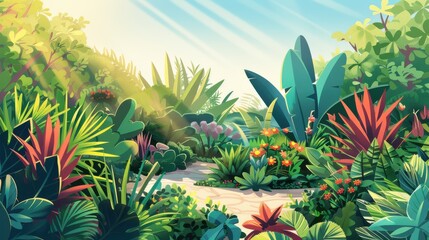 Obraz premium Lush Tropical Jungle Path Illustration. Vibrant Green Paradise