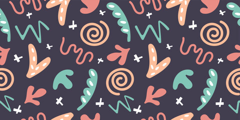 Colourful seamless doodle pattern with simple shapes. Hand drawn minimalist style on dark background.