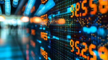 Close-up photo of digital display showing complex financial calculations & algorithms, illuminated by bright lights, showcasing intricate data patterns