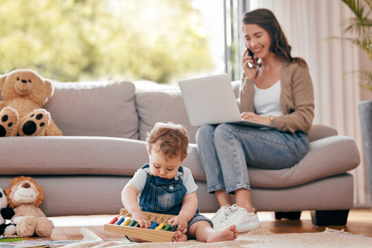 Mom, laptop and phone call with playing baby, remote work and development for motor skills in home. Mother, child and computer for freelance copywriting, mobile hello and abacus for math education
