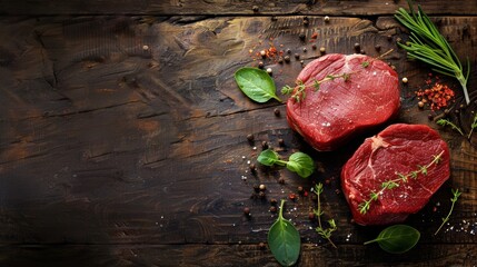 A close-up top-down view of two raw beef cuts, a tenderloin and eye fillet, resting on a rustic...