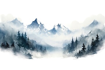 Watercolor illustration of a snowy alpine mountain landscape. Rocky Ridge natural element isolated on white.