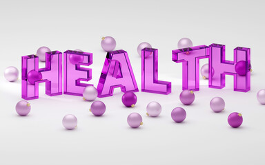 3D Illustration of the Word HEALTH in purple glass text on a grey Background