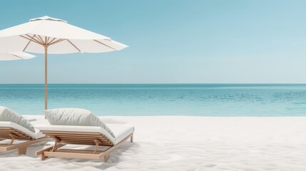 Obraz premium Luxurious beach setup with cushioned lounge chairs and large umbrellas, clear blue sky, and sparkling sea in the distance, ultimate relaxation and leisure scene