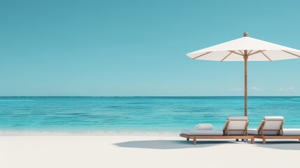Luxurious beach setup with cushioned lounge chairs and large umbrellas, clear blue sky, and sparkling sea in the distance, ultimate relaxation and leisure scene